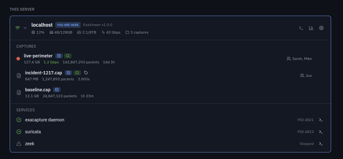 ExaViewer web dashboard showing capture infrastructure with live-perimeter recording at 1.2 Gbps, Suricata and Zeek integration